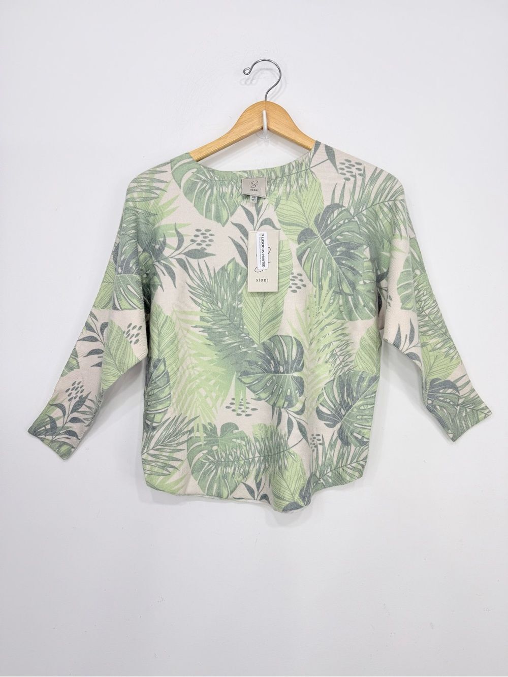 Sioni Green Tropical Leaf Print Dolman Sleeve Lightweight Pullover Sweater NEW